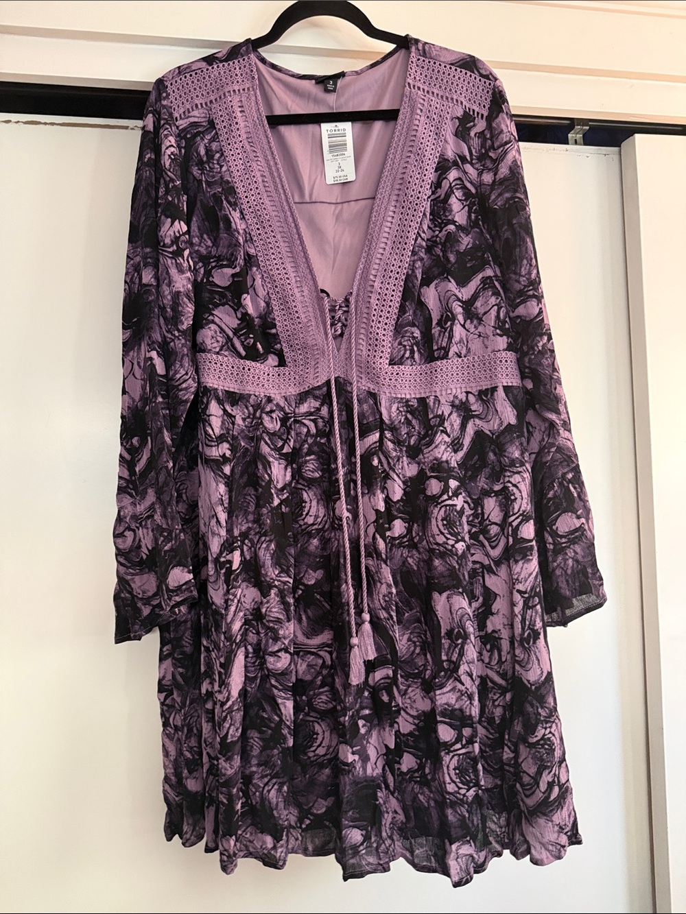 torrid Purple & Black Printed Tie-Front crochet Dress